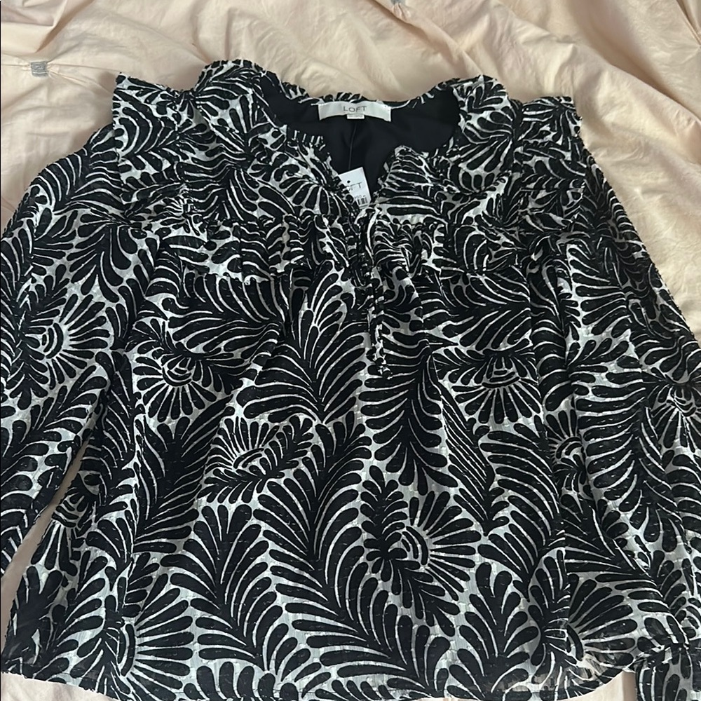LOFT Black and White Ruffled Bib Collar Blouse